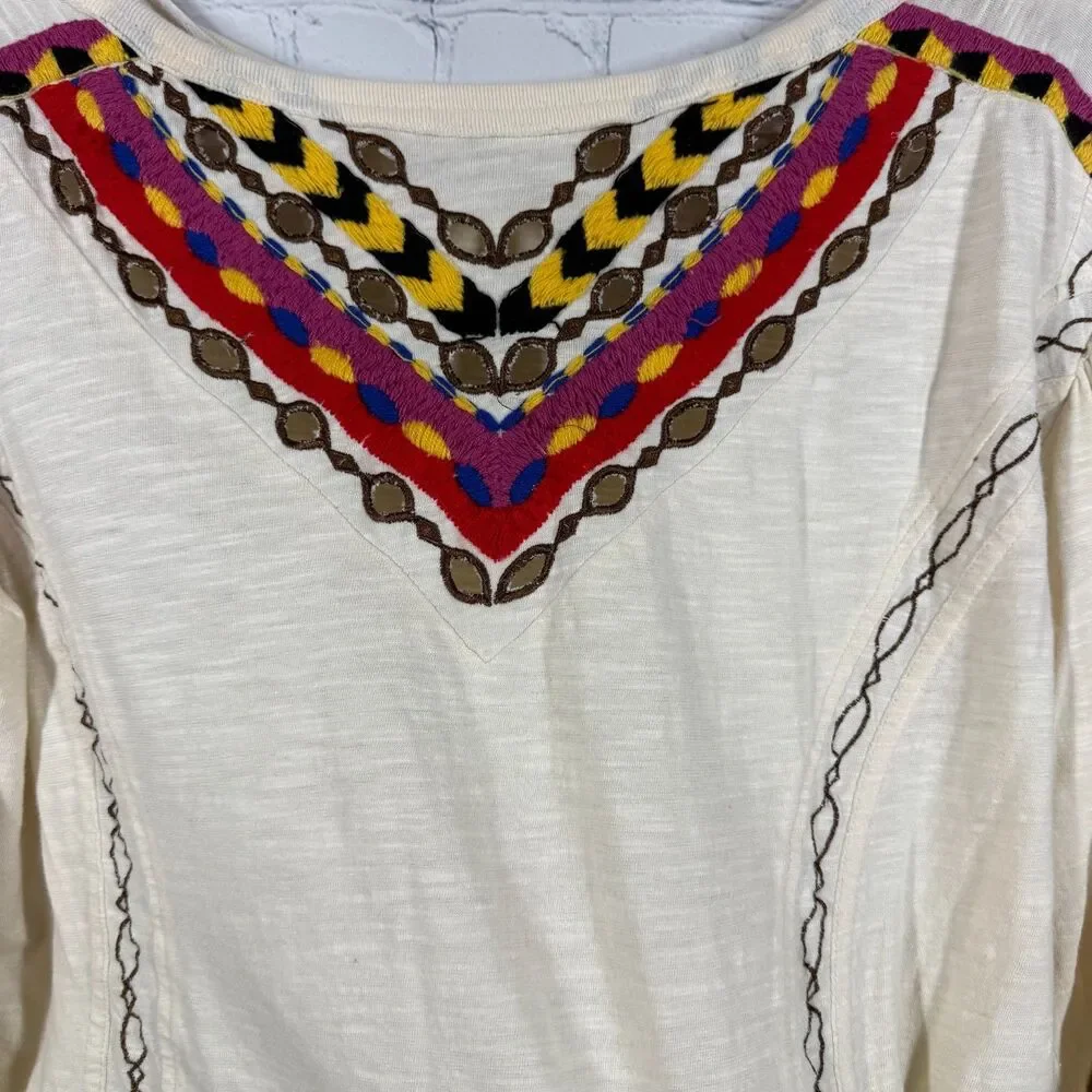 Free People Blouse Womens Small Ivory Embroidered Boho Balloon Sleeve Crop Top